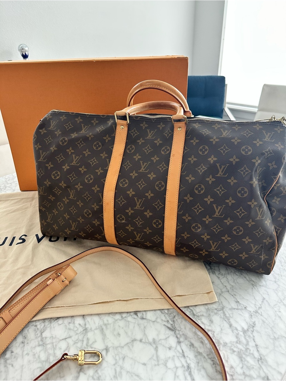 Louis Vuitton Brown Monogram Keepall with Tan Leather Trim and Strap